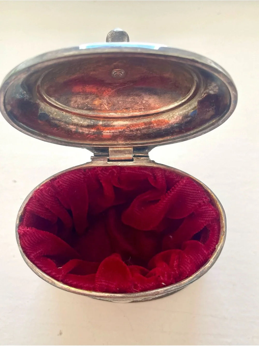 Ornate Silver Plated Trinket Box Oval Hinged Butterfly Floral Swag Vanity Decor